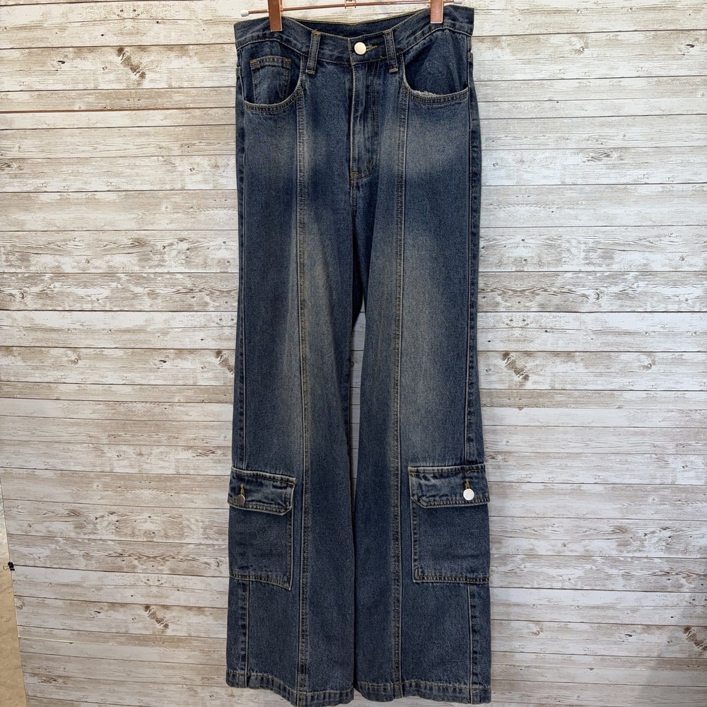 Cider Womens XS Jeans High Waist Cargo Carpenter Utility Wide Leg Y2K Med. Wash